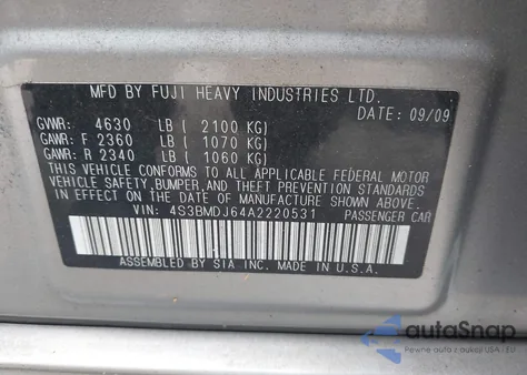 2010 Subaru Legacy 3.6R Limited z USA, uszkodzony, nr VIN 4S3BMDJ64A2220531